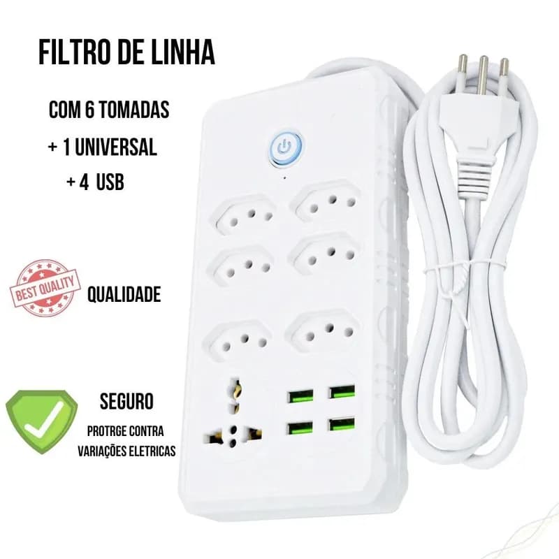 Régua Filtro de Linha com 7 Tomadas Extensão Elétrica