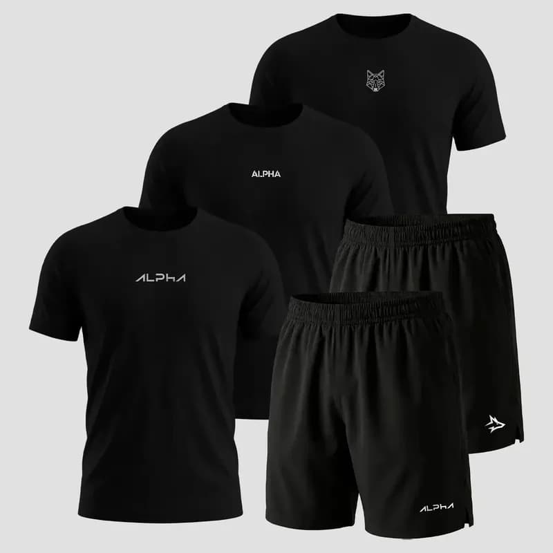 Kit 5 Peças All Black Dry: 3 Camisetas e 2 Bermudas Alpha