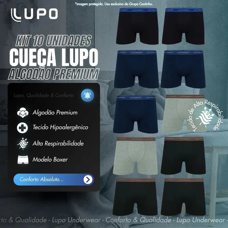 Kit com 10 Cueca Boxer Lupo Algodão