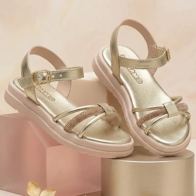 Sandália Infantil Menina Kimimo Confortável Moda Verão Bronze Strass