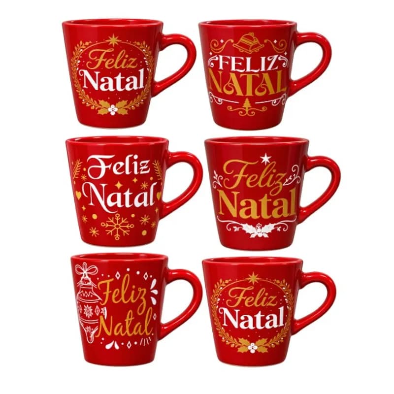 Kit 6 Xícaras de Natal Vermelhas Decoradas