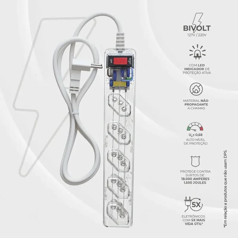 iCLAMPER Energia 5 Tomadas LCF Transparente Filtro de Linha e Protetor Elétrico DPS Bivolt