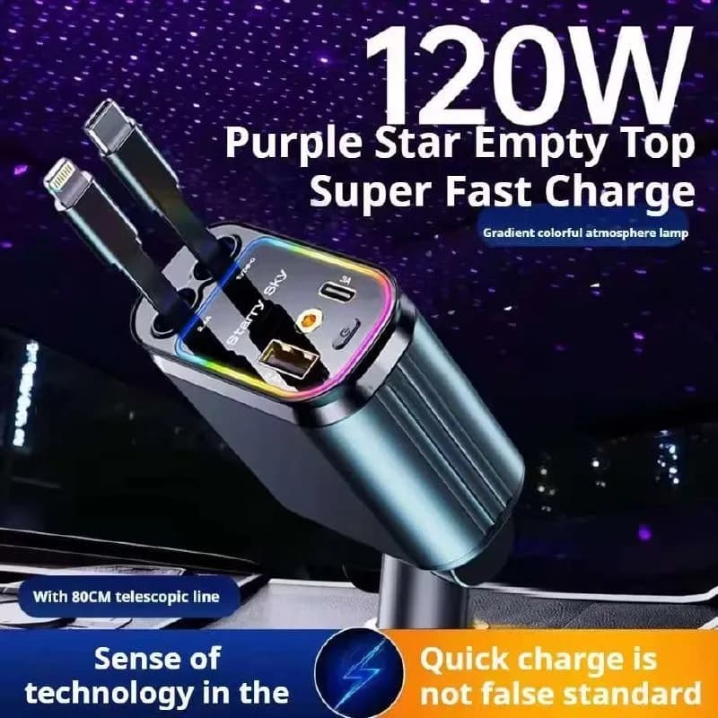 Carregador de carro retrátil 4 em 1 120 W com luz LED