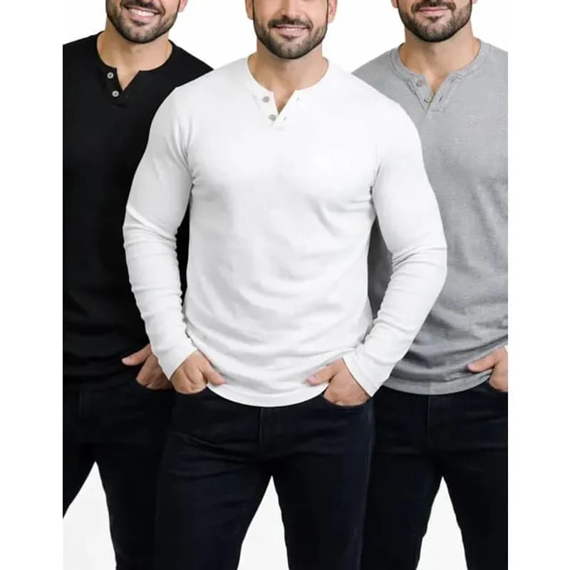 Kit 3 Camisetas Henley Masculinas Slim Manga Longa