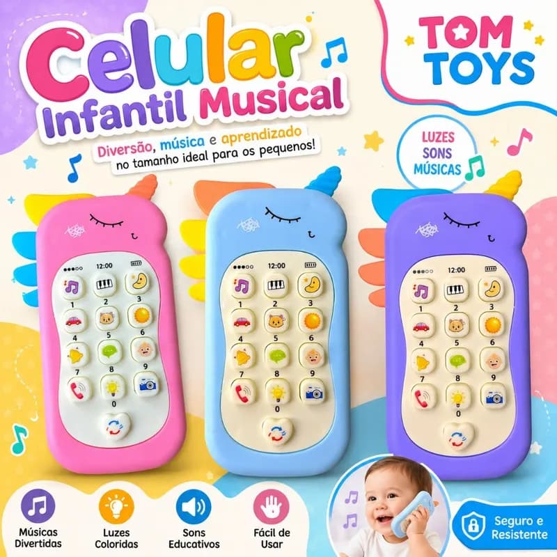 Celular Infantil Telefone Interativo Musical Unicórnio Bebê ou Dinossauro