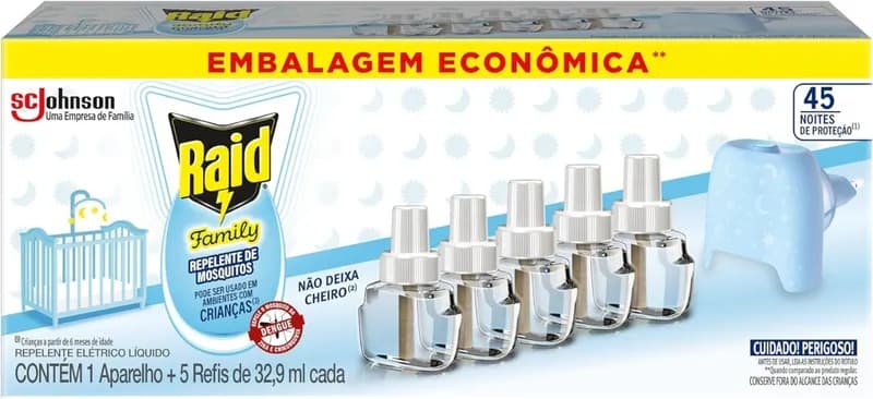 vRepelente Elétrico Raid Líquido 45 Noites Family - Aparelho + 5 Refis de 32,9ml cada