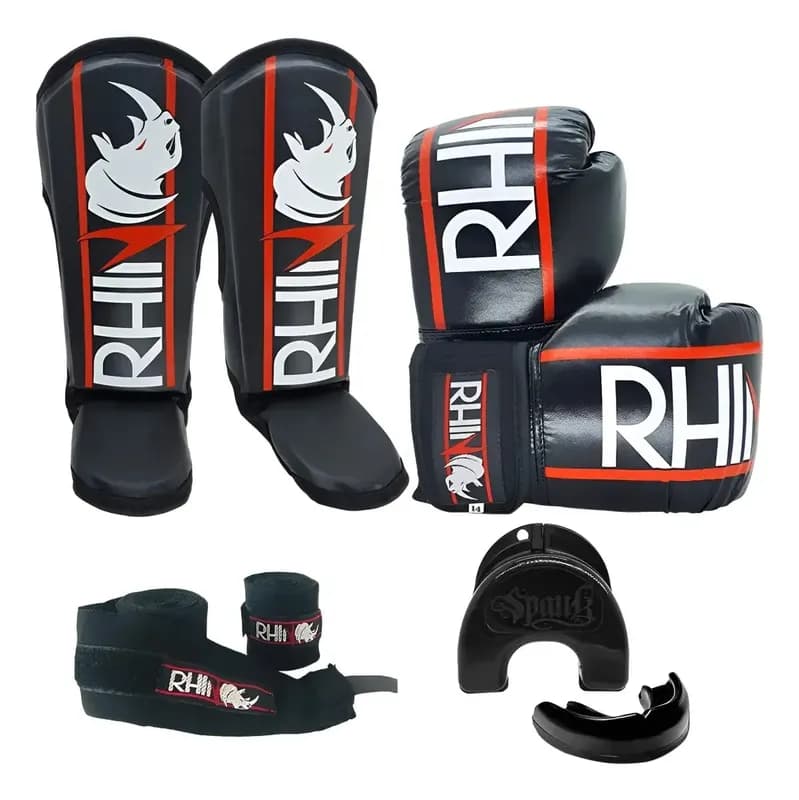 Kit Muay Thai Kickboxing com Luva, Caneleira, Bandagem e Bucal