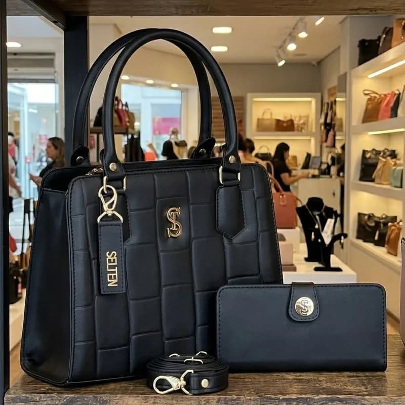 Bolsa e Carteira Feminina Média Lateral e Transversal Preta