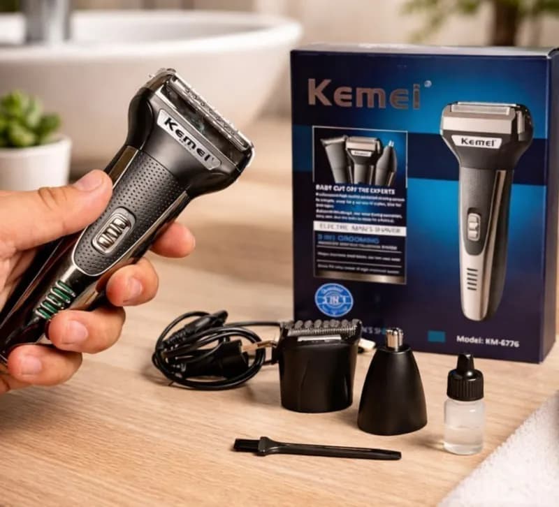Barbeador Aparador Cortador Kemei 3 em 1 KM-6558 Recarregável Preto