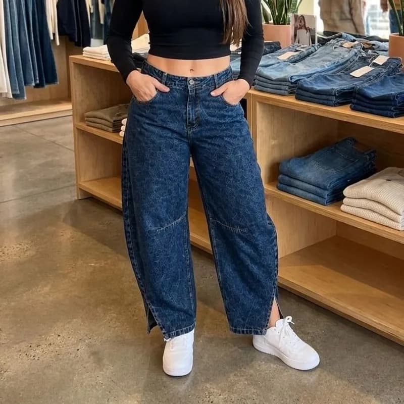Calça Jeans Barrel Baggy Balloon Cós Mágico Fenda Lateral Azul Escuro Stone