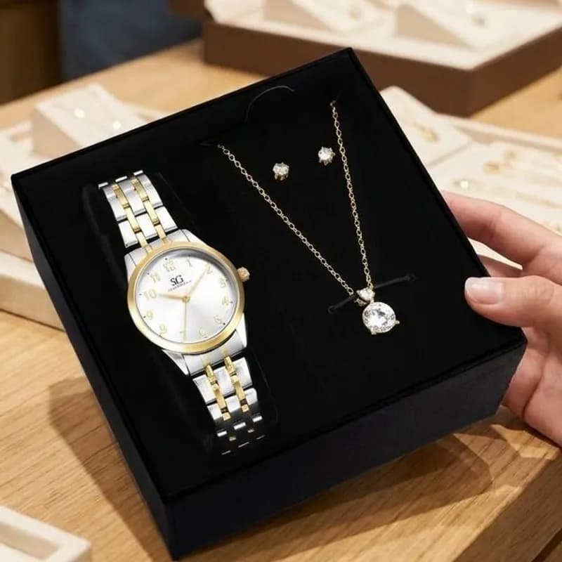 Kit Relógio Colar e Brincos Ponto de Luz Dourado e Prateado Feminino Luxo Saint Germain 28mm