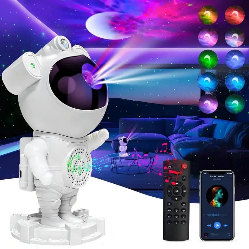 Projetor Astronauta para Teto Galáxia com Caixa de Som e Luz LED