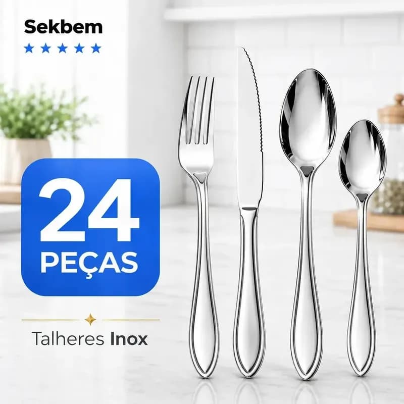 Jogo de Talheres Faqueiro Luxo em Aço Inox 24 Peças Prateado