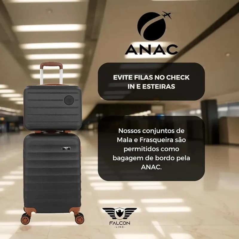 Kit Mala De Viagem Bordo Mão Pequena 10kg Abs Cadeado 360 Cor Preto