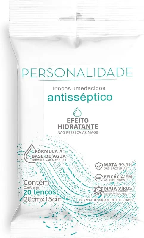 Lenço Umedecido Personalidade Antisséptico Hidratante 20 unidades 20cm X 15cm