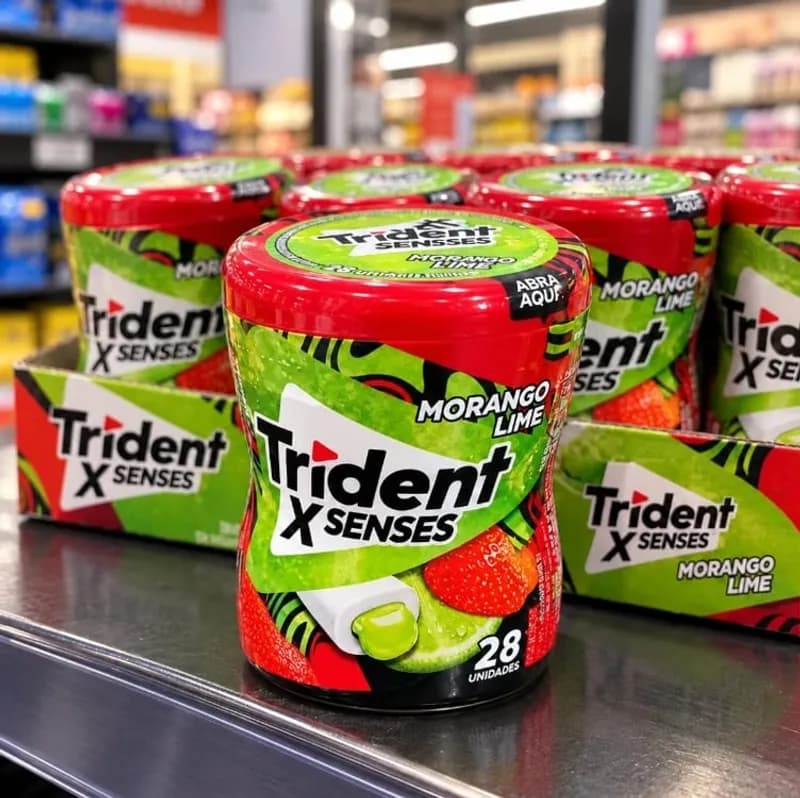 Chiclete Trident Xsenses Morango Lime Sem Açúcar Garrafa - Caixa Com 6 Unid. De 54g