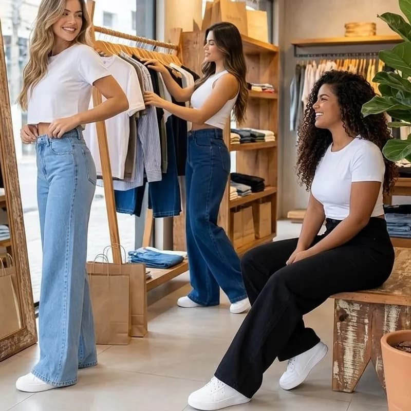 Calça Jeans Wide Leg Pantalona Cintura Alta Kit 3 Peças