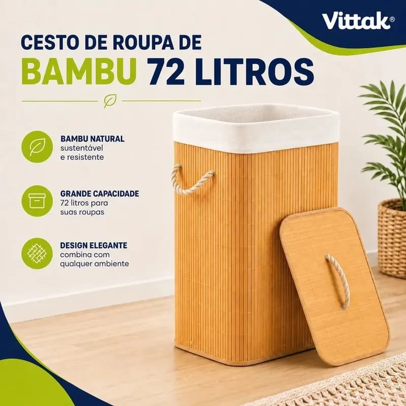 Vittak Cesto de Roupa Bambu 72 Litros Dobrável Retangular