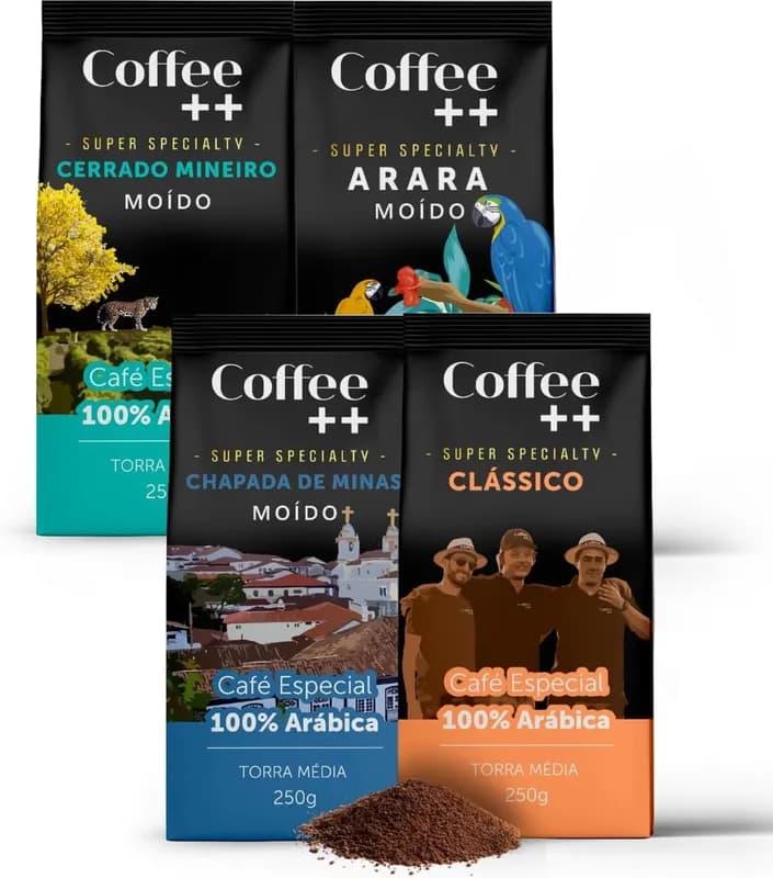 Kit 4 Pacotes Café Especial Torrado e Moído Coffee Mais Variedades: Cerrado Mineiro, Arara, Chapada de Minas e Clássico - 100% Arábica (4x250g)