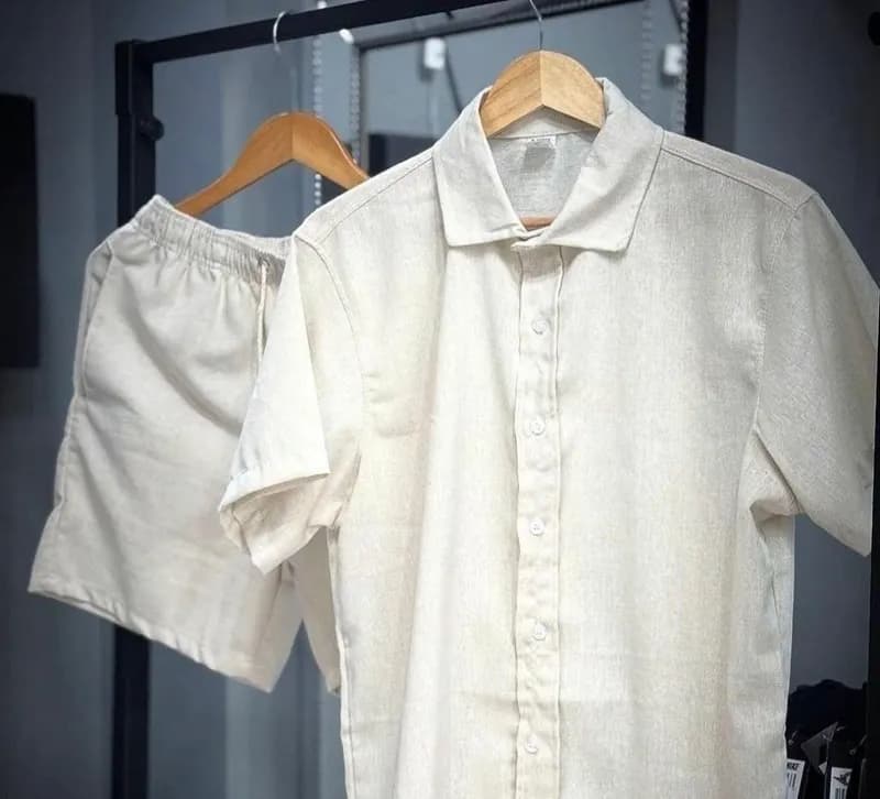 Conjunto Masculino de Linho Camisa + Shorts com Bolso