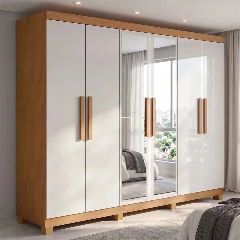 Guarda Roupa Casal 6 Portas Easy Slim com Espelho e Pés Amêndoa/Off White