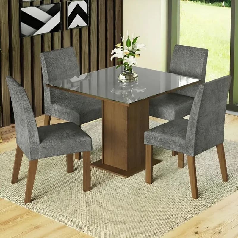 Sala de Jantar Estofada com Mesa de Tampo de Vidro e 4 Cadeiras Madesa Anne Rústico/Cinza/Silver