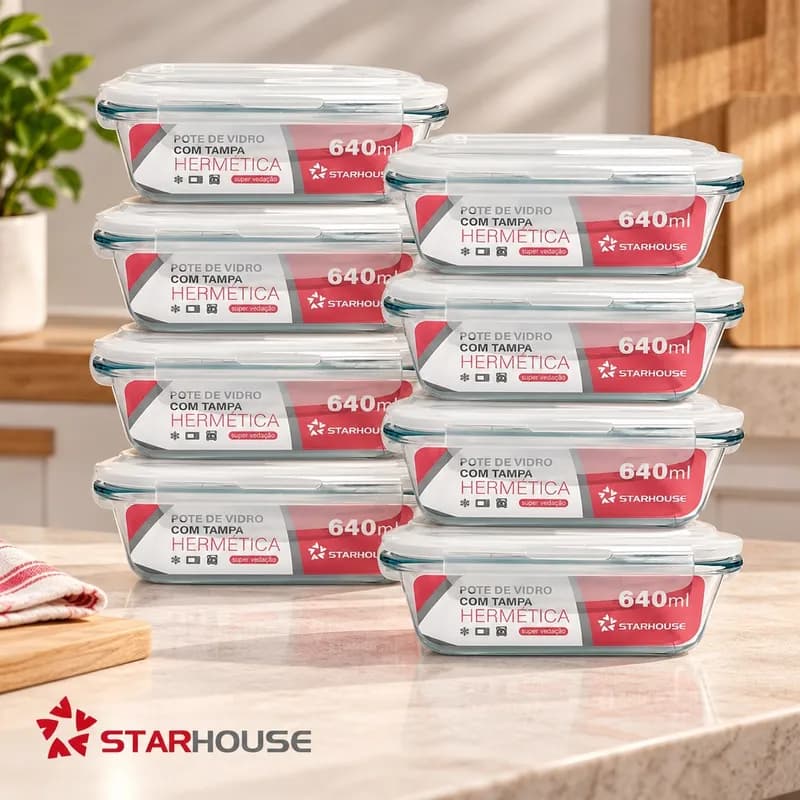 Kit 10 Potes de Vidro Herméticos 640ml Starhouse