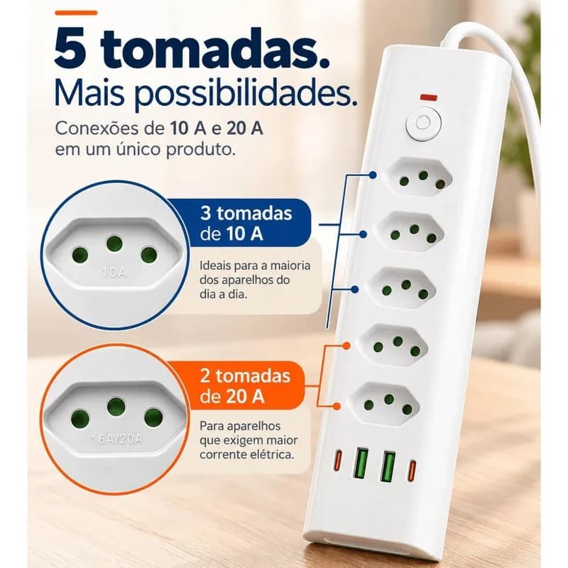 Extensão Elétrica 5 Tomadas 2 USB-A USB-C