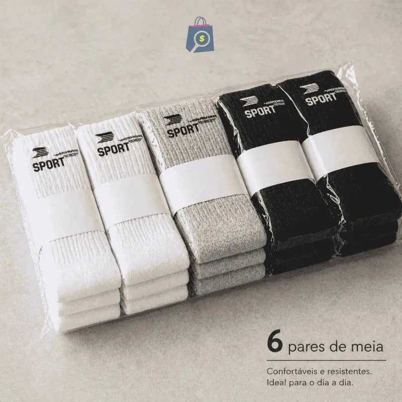 Kit 6 Pares Meias Cano Alto Algodão Para Esporte Academia