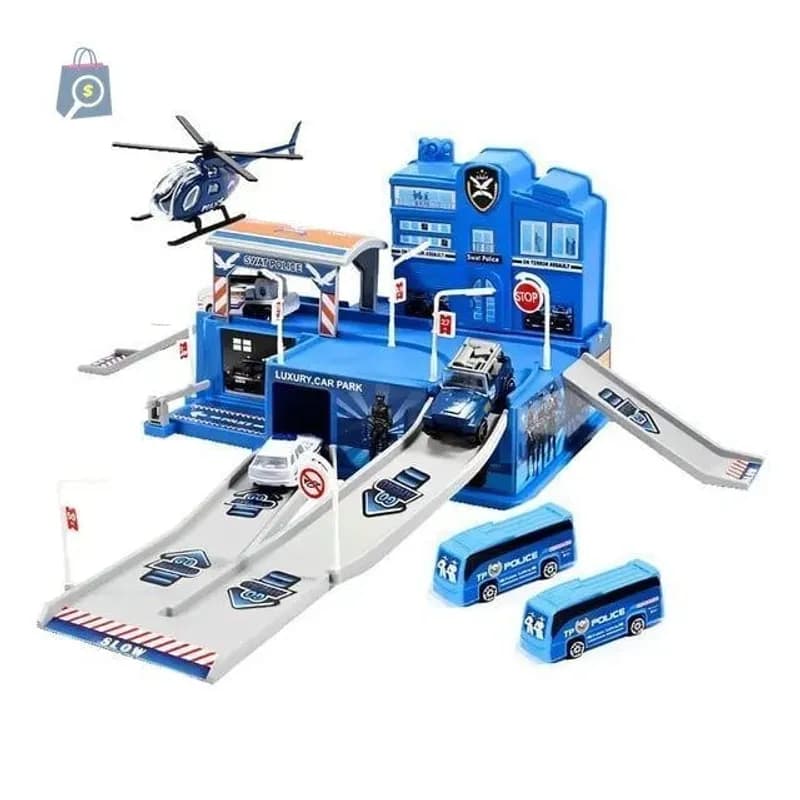 Pista de Carrinhos Maxi Toys Polícia com 5 Veículos e Acessórios 48x36cm