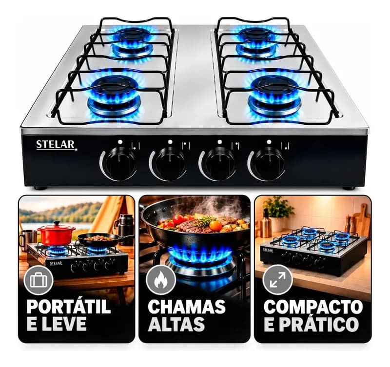Fogão Cooktop Stelar 4 Q Portátil De Mesa A Gás Inox Mônaco