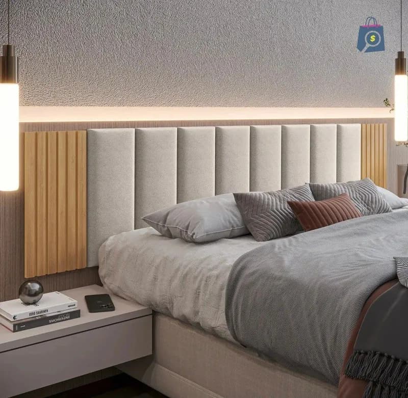 Cabeceira Cama Box Casal Estofada com Ripado MDF Freijó Bege