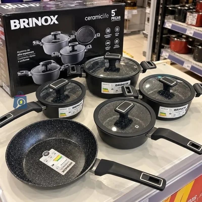 Jogo De Panelas Brinox Cerâmico 5 Pçs Carbon Ceramic Indução Cor Preto