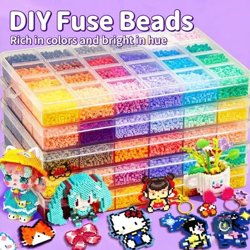 Kit Pixel Art Fuse Beads 2,6mm 24/48/72/96 Cores + Mini Ferro + Caneta + Pegboard + Acessórios DIY