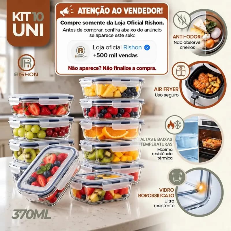 Kit 10 Pote De Vidro Marmita Hermético 370ml