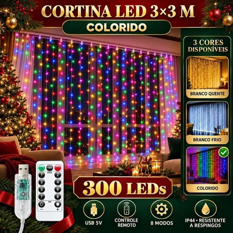 Pisca Cortina 300 Leds 3x3m Usb Ip44 8 Modos Iluminação De Natal Festa