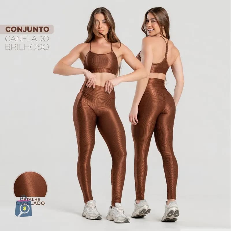 Conjunto Fitness Feminino Trilobal Canelado - Top Alcinha + Legging Cós Alto Modelador Brilhoso Academia