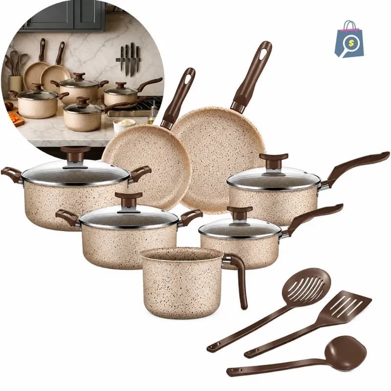 Jogo De Panelas 10 Peças Antiaderente Conjunto Frigideira Fervedor Tampa de Vidro Cor Coffee Cappuccino