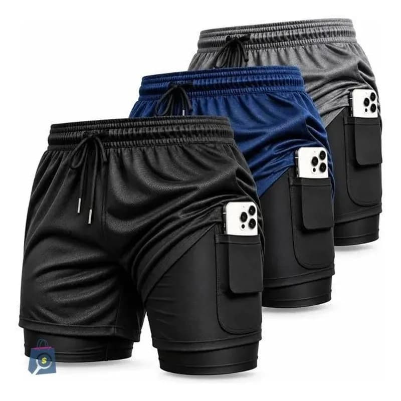 Kit 3 Shorts Masculinos 2 em 1 Bermuda Dupla para Academia