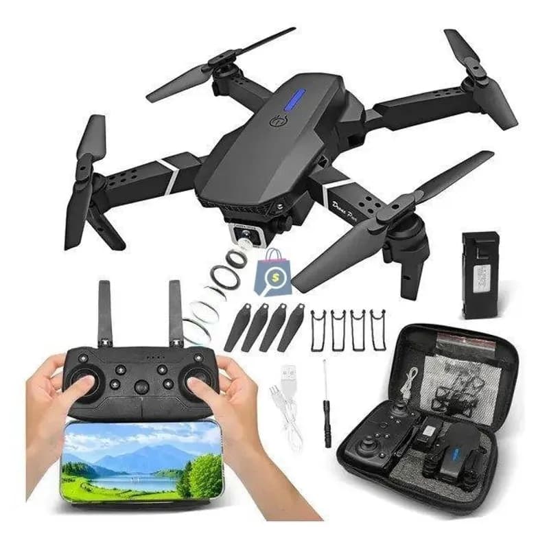 Drone E88 Profissional Dobrável com Câmera HD e Controle Remoto Preto
