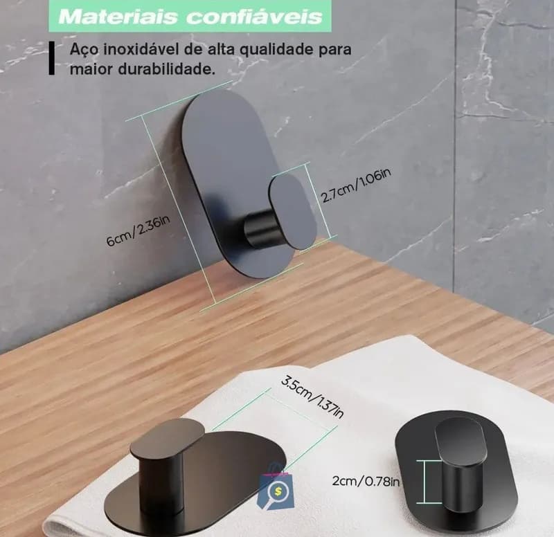 Kit com 4 Ganchos Adesivos de Aço Inoxidável Fosco Preto Aikzik