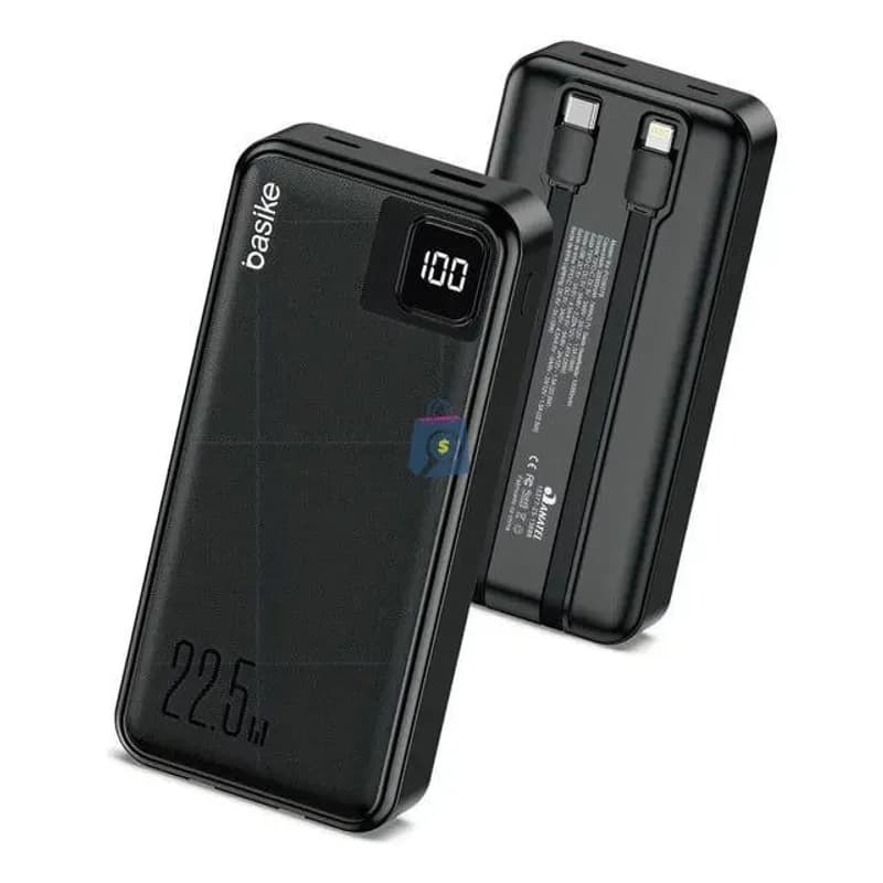 Power Bank Basike 20000mAh 22.5W com Cabos Embutidos e Display Preto