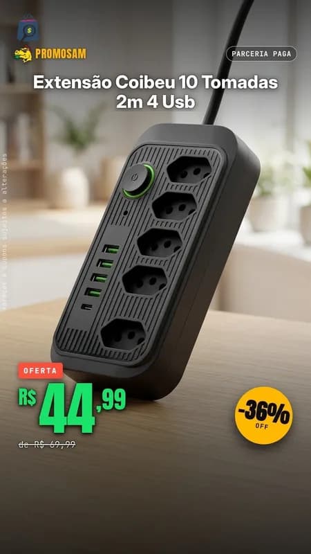 Extensão Coibeu WKC-541 com 10 Tomadas, 2m e 4 USB Bivolt