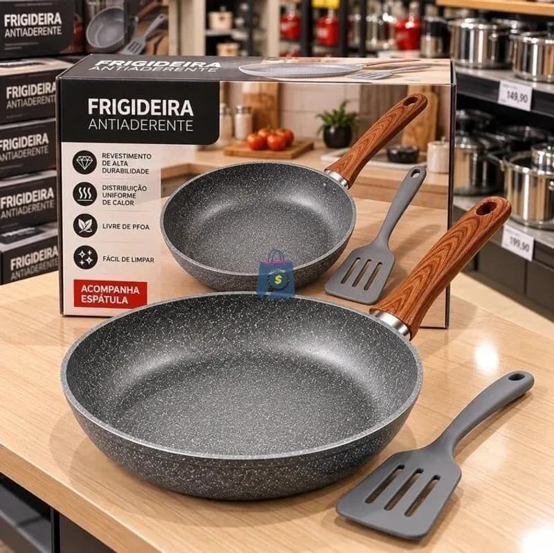 Frigideira Antiaderente 24 Cm Com Espátula Silicone, Revestimento Ceramico Granitado, Cabo Com Efeito Madeira, Fogão A Gás Indução Elétrico, Ovos, Carnes, Legumes, Refeições Do Dia A Dia