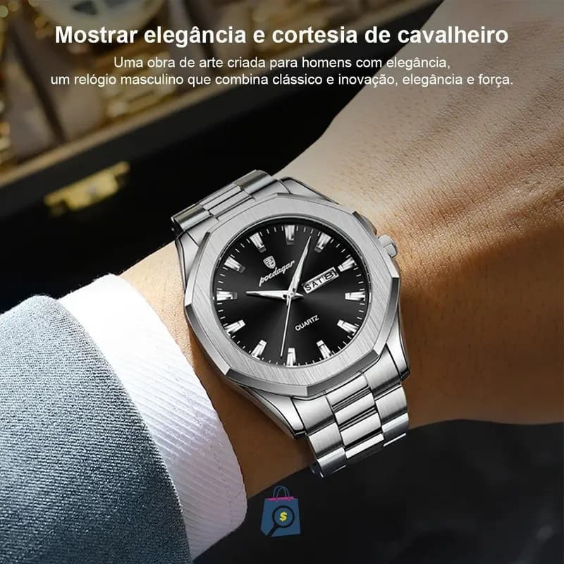 Relógio Poedagar Masculino Aço Inox Prata Ajustável com Caixa