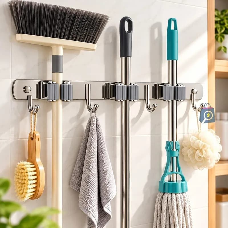 Suporte Vassoura Inox de Parede Mop Rodo 7 Organizador Pano