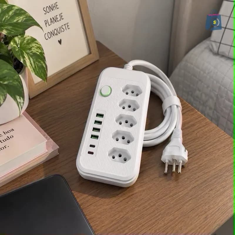 Extensão Paraíso Elétrica com 5 Tomadas, 4 USB e 2 Tipo-C