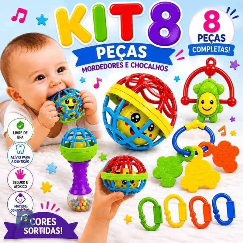 Kit Chocalho e Mordedor Bebê 8 Peças Colorido Silicone Macio