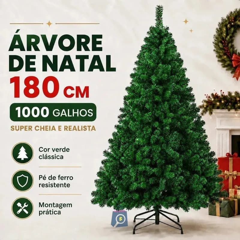 Árvore de Natal Verde Premium 180 cm com 1000 Galhos e Pé de Ferro