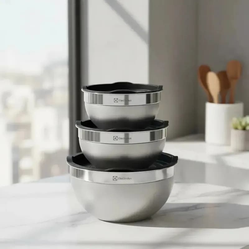 Electrolux Kit 3 Bowls Tigelas De Aço Inox Com Tampa Plástica, 1,4l, 2l E